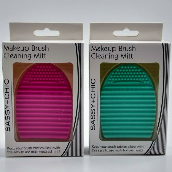Silicon Makeup Brush Cleaning Mitt Set 2 Pink Teal - Picture 2 of 5